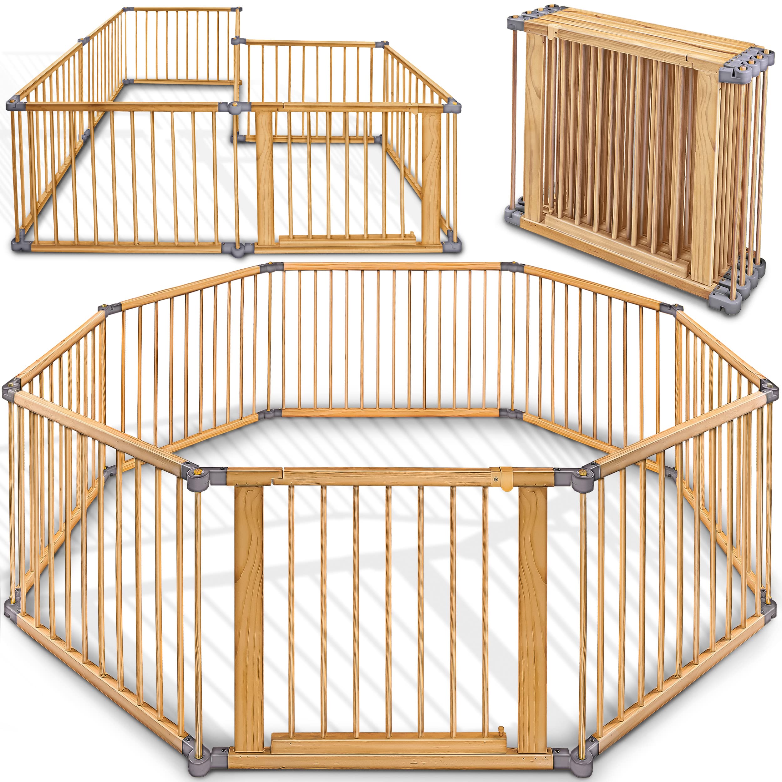 KIDUKU® Parc bébé pliable XXL de 7,2 mètres avec porte | Parc en bois avec double sécurité | Parc pliable pour enfants avec 8 éléments