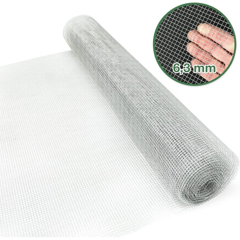 Grille en fil de fer à mailles fines – Taille de maille 6,3 mm – Galvanisée – Rouleau extra long – Grille métallique pour volières, clôtures pour lapins et barrière de jardin contre les rongeurs (jardinière surélevée)