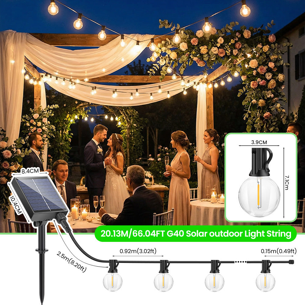 Guirlande Lumineuse Solaire LED G40 30M/20M/15M Blanc Chaud 8 Modes d'Éclairage Anti-chute et plus durable - Guirlandes Solaires d'Extérieur pour Jardin Cour Patio Décoration de Fête de Mariage Inclut des Ampoules de Rechange, Alimentation de Batterie à L