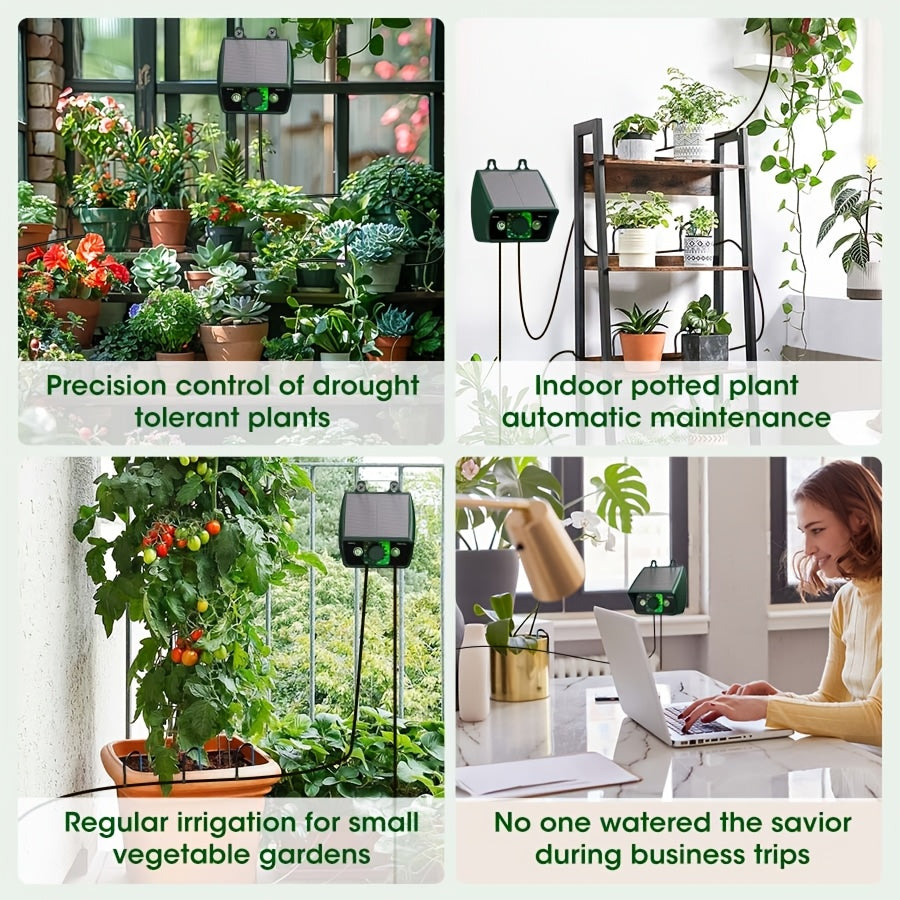Kit pour système d'irrigation goutte à goutte automatique alimenté par énergie solaire, comprenant un équipement solaire de 1,1 W pour le jardinage extérieur et intérieur. Il comprend 12 modes de temporisation et est idéal pour les jardins, les serres et