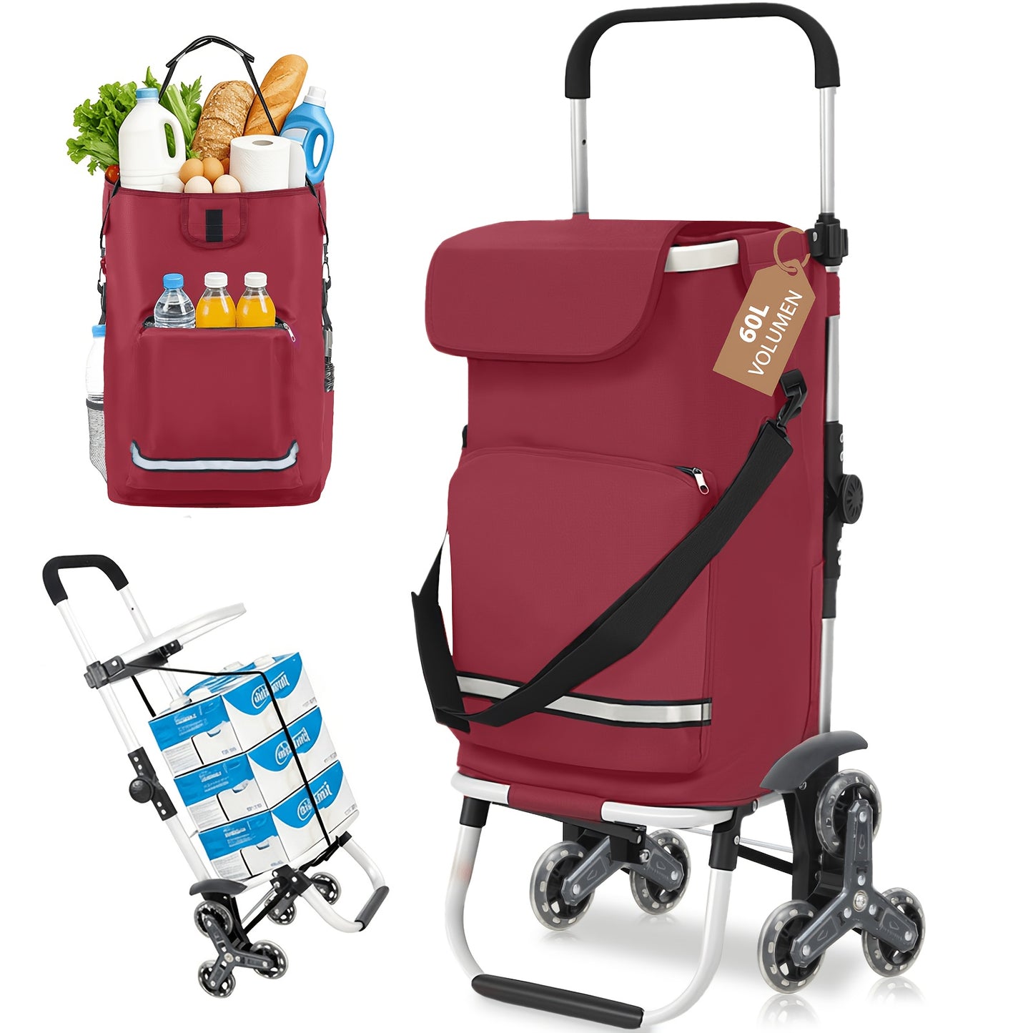 Chariot de courses 3 roues pour escaliers avec poignée réglable en hauteur, compartiment isotherme et porte-gobelet, 3 en 1 pour camping et provisions