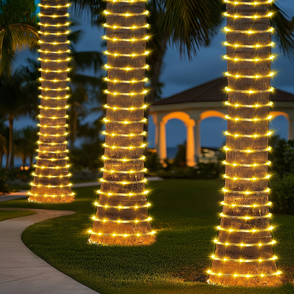 Lumière solaire extérieure blanc chaud avec lumière de jardin 53.34 mètres 620 LED, perles de lampe à haute luminosité 2400 MA, télécommande, 8 modes d'éclairage, rechargeable par USB, convient pour cour, porche, arbres, patio, décoration de vacances