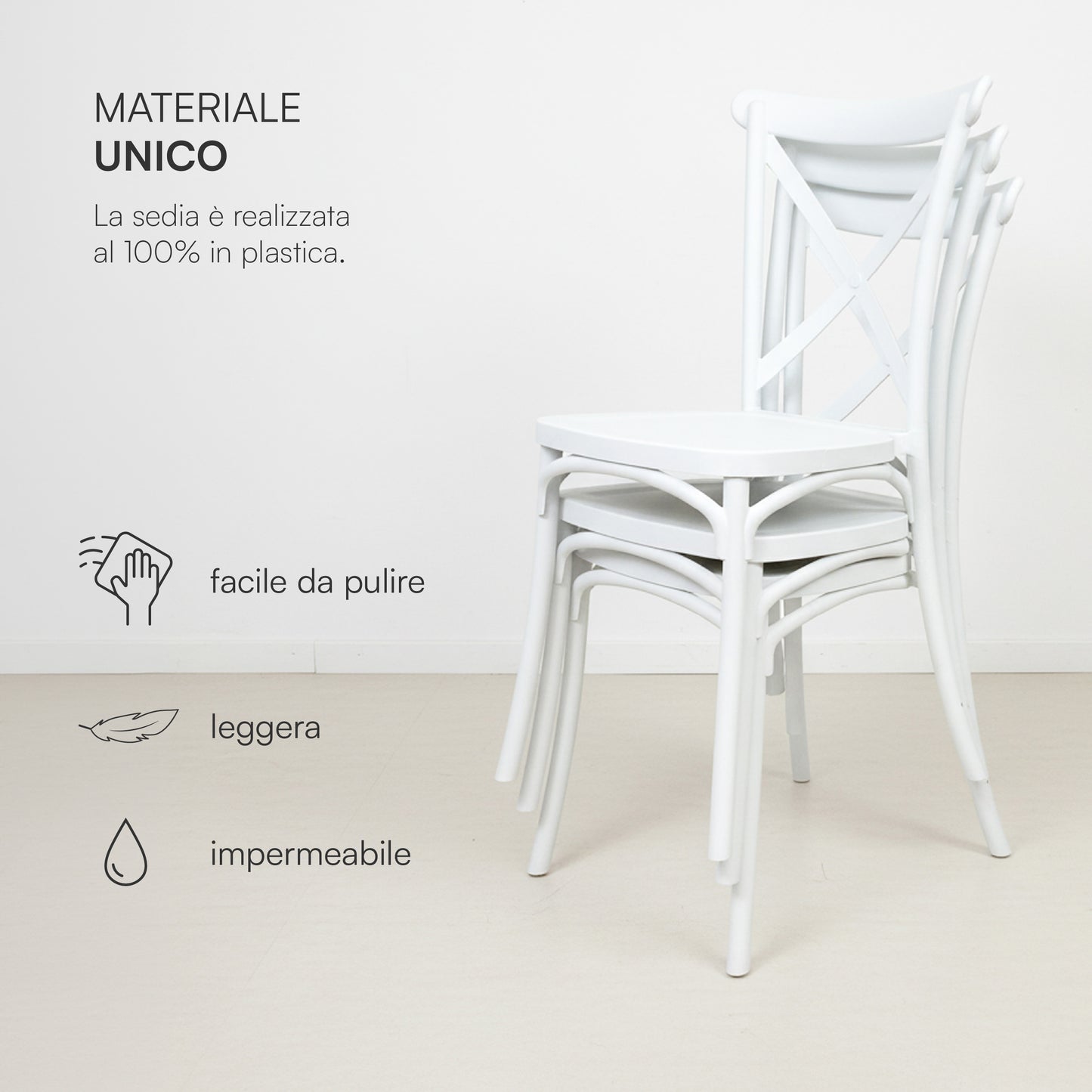 Baroni Home Lot de 4 chaises en plastique blanc – Empilables, prêtes à l'emploi sans assemblage requis, faciles à nettoyer, avec pieds antidérapants pour une stabilité accrue – Idéales pour cuisine, salon, salle à manger, jardin, terrasse ou balcon – Assi