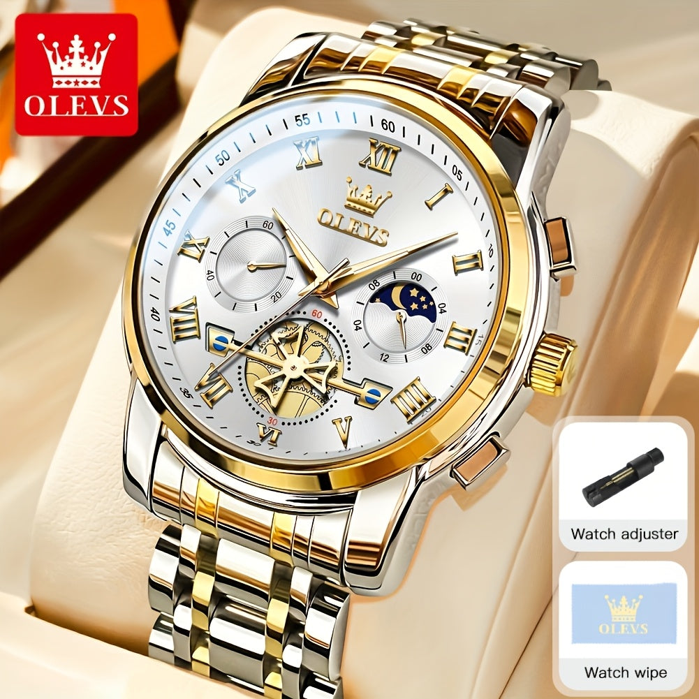 Montres pour Hommes OLEVS Montre à Quartz de Luxe avec Bracelet en Acier Inoxydable, Numéros Romains et Phases Lunaires Lumineuses, Classique Élégante, Cadeaux Romantiques de Noël, Relojes de Hombre Bleu/Noir/Blanche/Cadran Doré
