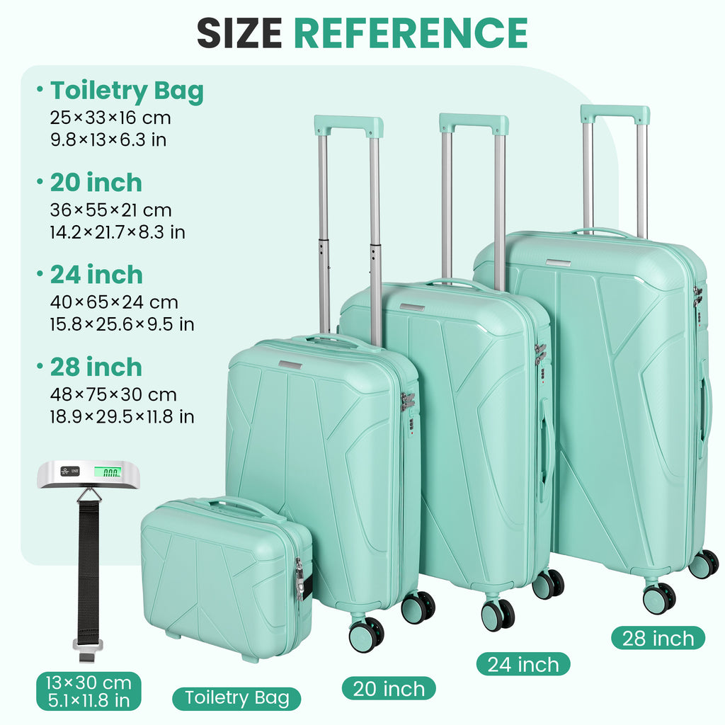 Ensemble de 4 valises rigides avec balance de bagage gratuite – Valise 20/24/28 pouces + Valise à main – Valises de voyage légères à coque rigide – Roues pivotantes à 360° – Serrure TSA – Bagage à main et enregistré – ABS – Pour femmes, hommes, famille, v