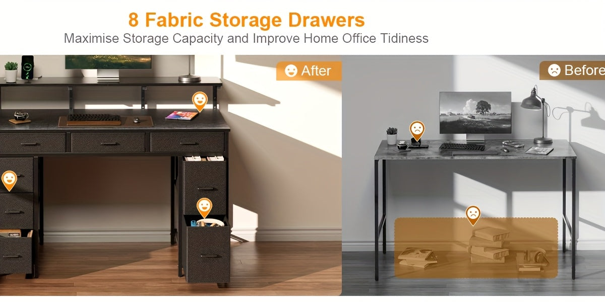 Bureau d'ordinateur avec 8 tiroirs de rangement en tissu, bureau d'étude/chambre à coucher, bureau de jeu de 119,38 cm avec éclairage LED et prises USB, bureau de bureau à domicile avec support d'ordinateur, 4 couleurs