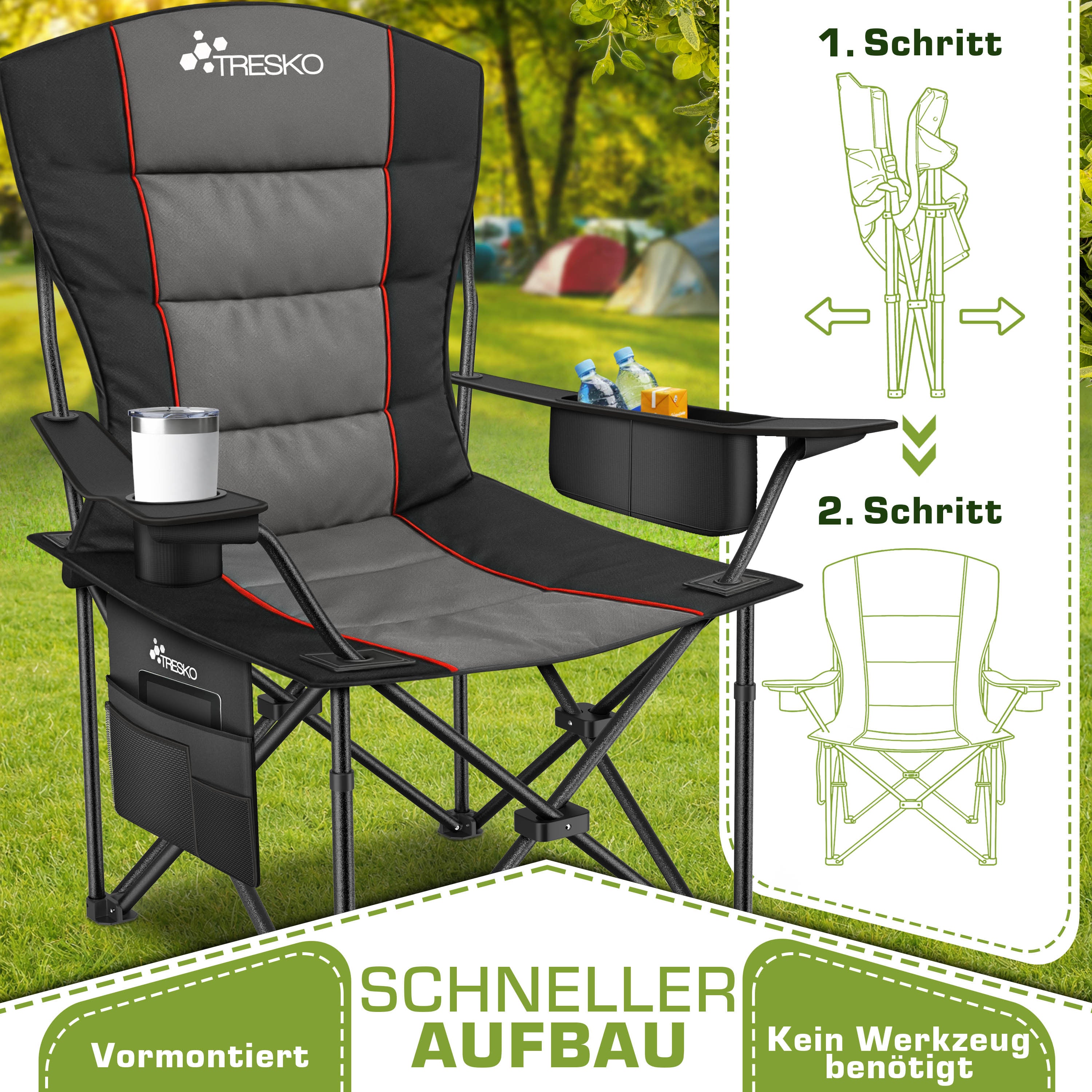 TRESKO® Chaise de camping pliable jusqu'à 150 kg | Chaise de pêche à dossier haut | Chaise pliante avec accoudoirs et porte-gobelet | Chaises de camping pliantes