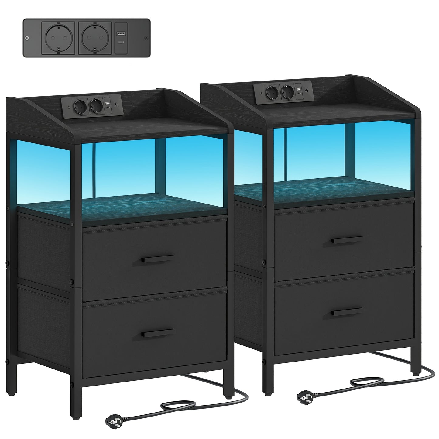 Ensemble de 2 tables de chevet, avec lumières LED et station de charge, table d'appoint avec 2 tiroirs en tissu et étagères, avec ports USB et prises, pour chambre à coucher, salon, blanc