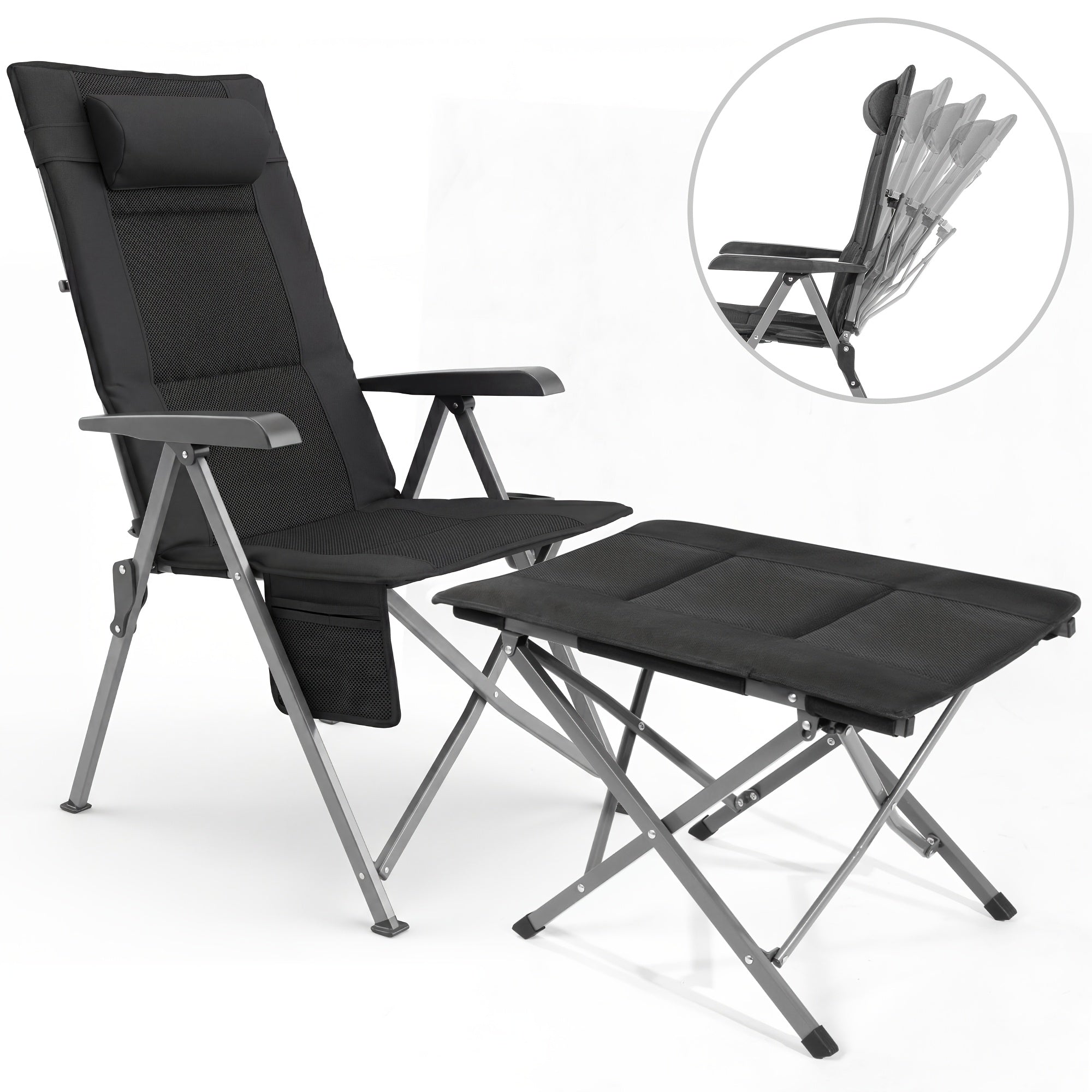 1pc Chaise de camping pliable et portable, chaise de pêche d'extérieur légère, dos en maille 3D pour la ventilation, repose-pieds amovible, dos haut de 72 cm, 4 dossiers réglables, poches latérales en maille pour les tasses, tissu Oxford, comprend un sac