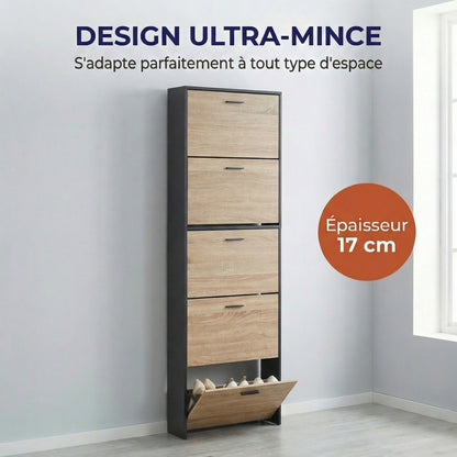 Meuble à chaussures fin avec 5 compartiments à rabat, armoire à chaussures en bois pour jusqu'à 15 paires, organisateur d'entrée peu encombrant