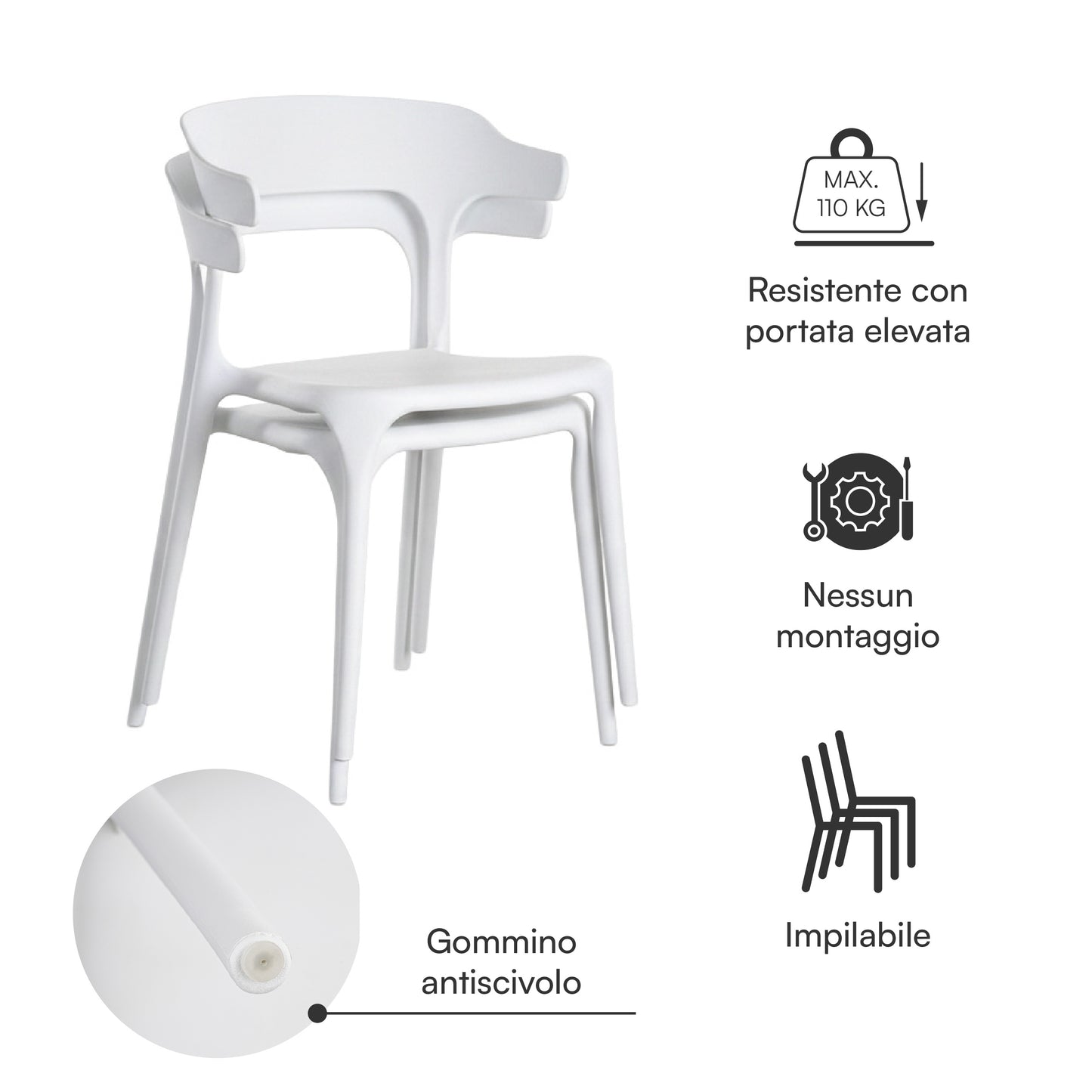 Baroni Home Lot de 4 chaises en plastique blanc – Empilables, prêtes à l'emploi sans assemblage requis, faciles à nettoyer, avec pieds antidérapants pour une stabilité accrue – Idéales pour cuisine, salon, salle à manger, jardin, terrasse ou balcon – Assi