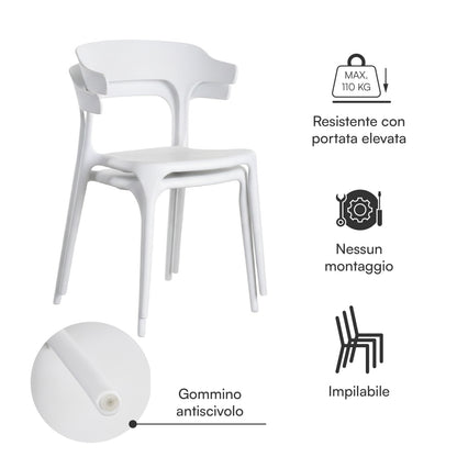 Baroni Home Lot de 4 chaises en plastique blanc – Empilables, prêtes à l'emploi sans assemblage requis, faciles à nettoyer, avec pieds antidérapants pour une stabilité accrue – Idéales pour cuisine, salon, salle à manger, jardin, terrasse ou balcon – Assi