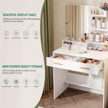 Bureau à vanité avec miroir, un meuble avec quatre étagères ouvertes et deux compartiments, ainsi que deux tiroirs, idéal pour la chambre ou le salon, couleur blanc