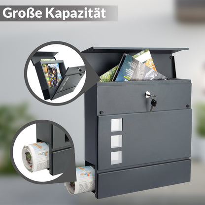 MONZANA® XXL Boîte aux Lettres avec Compartiment pour Journal, Verrouillable, 2 Clés Incluses - Matériel d'Assemblage en Acier Moderne et Simple – Mur à Rouleau de Papier Antracite
