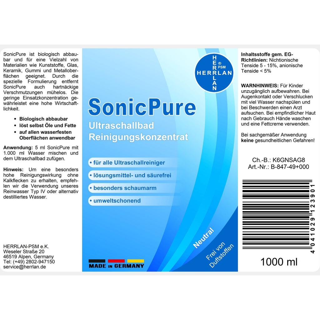 HERRLAN® SonicPure Concentré de Nettoyage Ultrasonique 1000 ml - Concentré Liquide pour Nettoyeurs Ultrasoniques et Étuis à Lunettes - Fabriqué en Allemagne