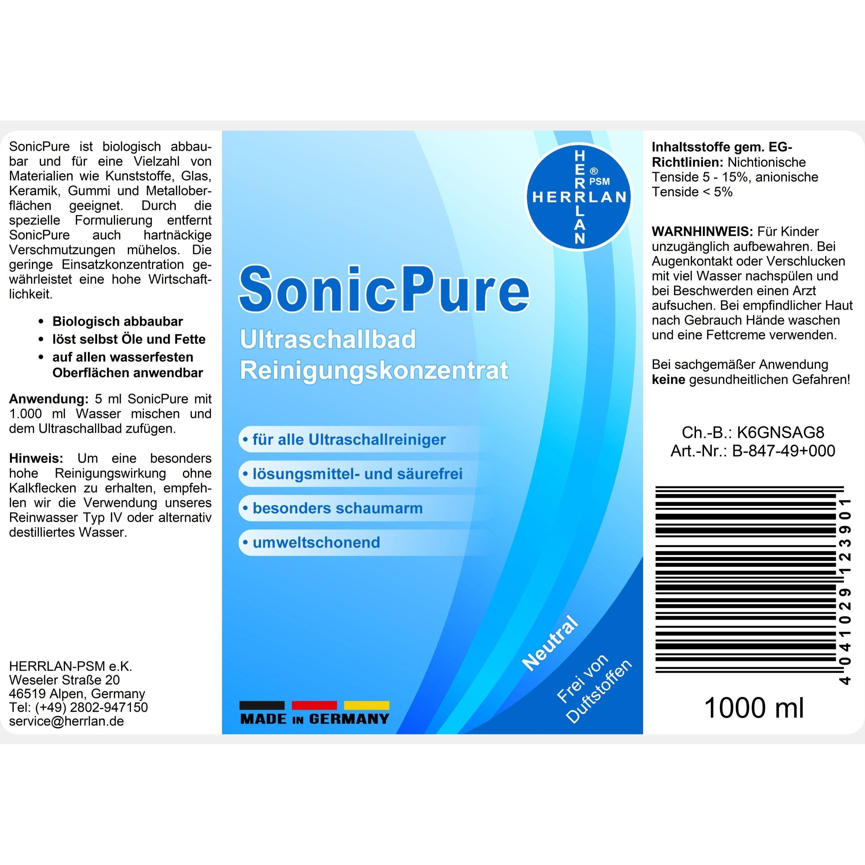 HERRLAN® SonicPure Concentré de Nettoyage Ultrasonique 1000 ml - Concentré Liquide pour Nettoyeurs Ultrasoniques et Étuis à Lunettes - Fabriqué en Allemagne