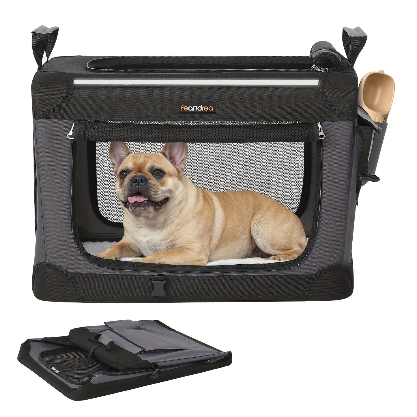 Cage Compacte pour Chien 60Cm pour Petites Races, Transporteur pour Animaux de Compagnie en Matériau Oxford avec 4 Entrées en Maille, Poignées de Transport et Poches pour Bouteilles d'Alimentation et d'Eau