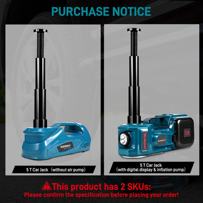 Cric Électrique 5 Ton 12V Cric Hydraulique avec Pompe de Gonflage, Lumière LED et Affichage Numérique, pour SUV MPV Berline Camion Changement de Pneus Réparation Garage, Hauteur de Levage de 5.7 à 52.83 cm