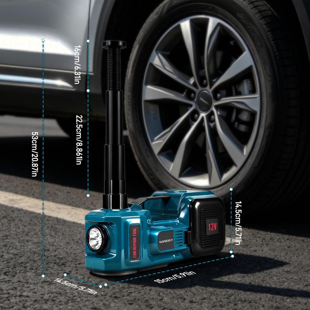 Yofidra 5T Crémaillère Électrique avec Affichage Numérique, LED et Fonction de Gonflage de Pneus, Plage de Levage 14.5-53 Cm, Kit de Crémaillère Hydraulique Électrique 12V pour Réparation Automobile, Entretien et Assistance Technique Véhicule