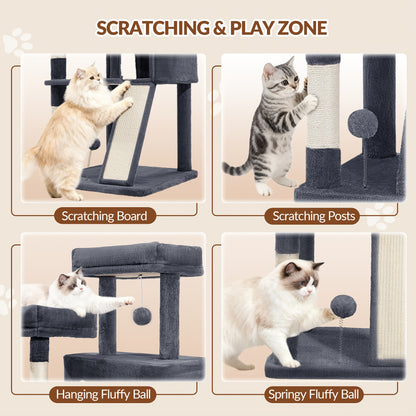 Fobyfurny Arbre à Chat Tour, Arbre à Chat 178cm pour Chats d'Intérieur, Cadre d'Escalade pour Chat Multi-Niveaux avec Griffoirs, Planche à Gratter, 2 Condos Confortables, 2 Perchoirs, Pompons, Place de Repos