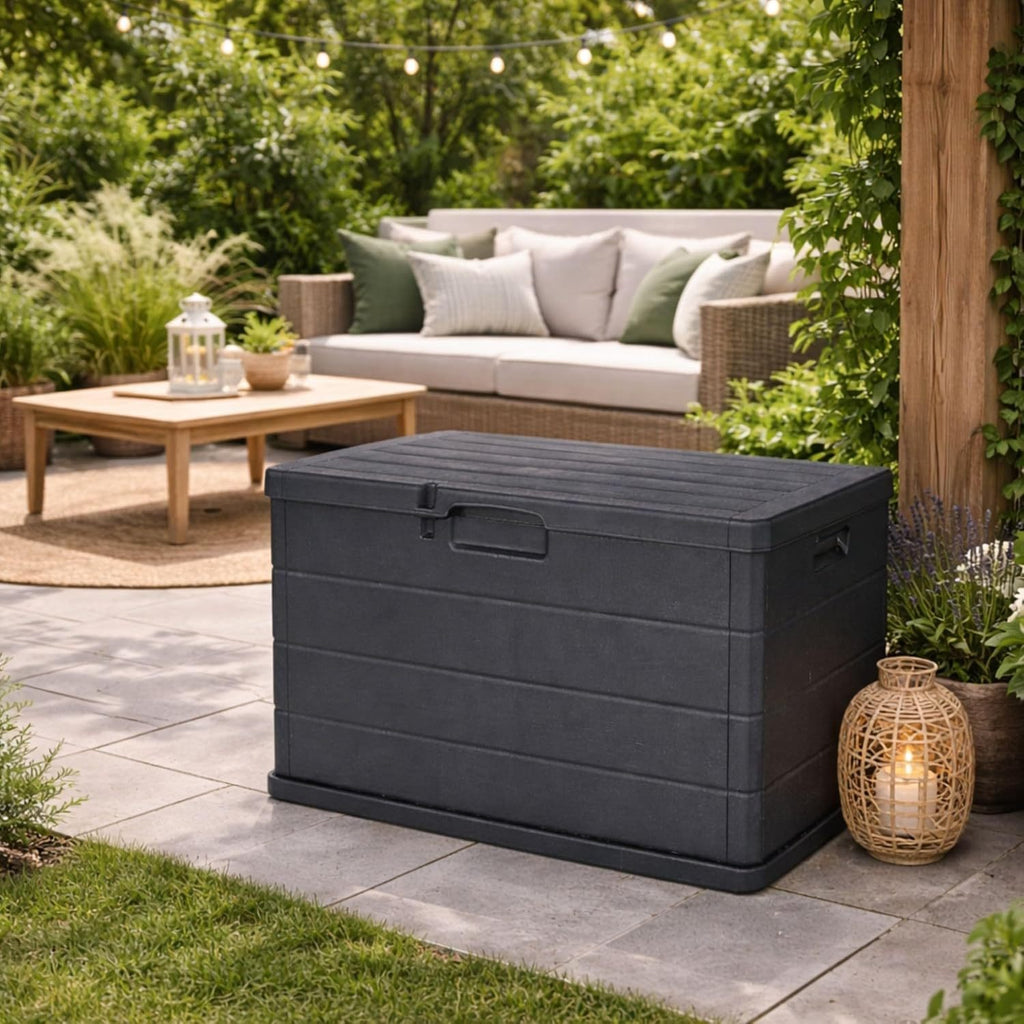 Coffre de jardin Buystar 170L en résine – Imperméable, facile à assembler – Couvercle verrouillable – 78x55x52 cm – Coffre d'extérieur anthracite léger et durable – Organiser, ranger
