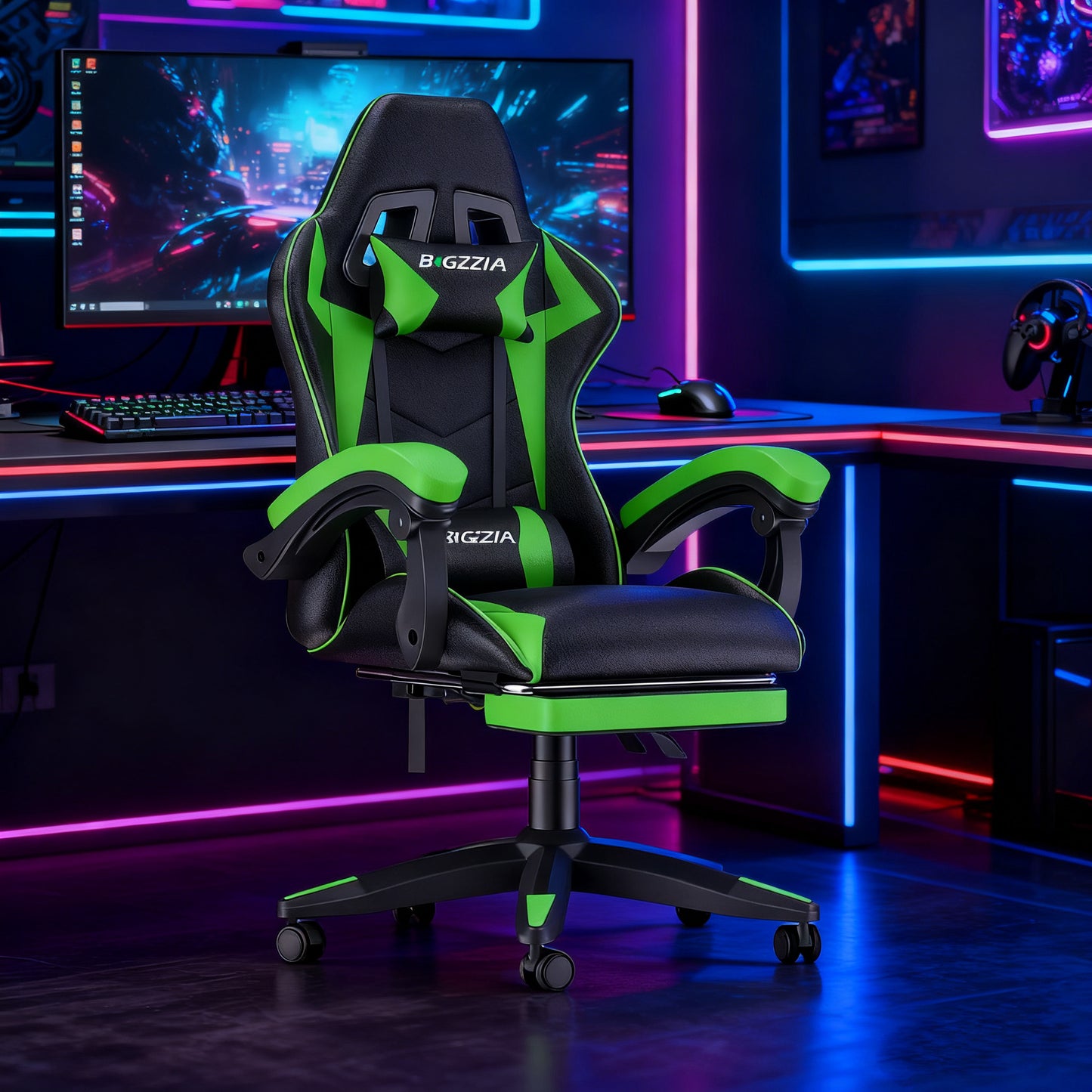 Gartistgo Chaise Gaming Ergonomique - Chaises Gaming avec Coussin Lombaire + Appui-Tête, Chaise de Bureau & Ordinateur Rehausseable pour Adultes, Filles, Garçons (Avec Repose-Pieds)