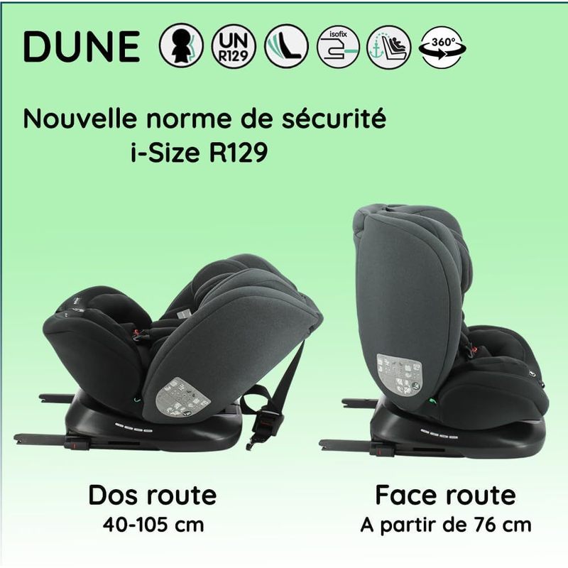 Dune, Siège auto, i-Size, Pivotant 360, évolutif, naissance et jusqu'à 12 ans environ, Groupe 0/1/2/3, 40-150 cm, Siège Auto ISOFIX, Rotation 360, Inclinable, Appui-tête réglable
