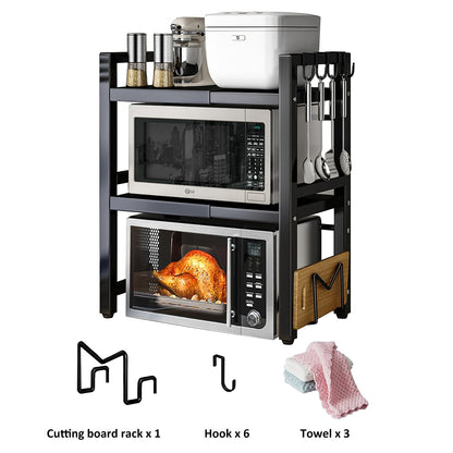 Étagère Micro-ondes Devesanter, Étagère de Cuisson Extensible 3 Niveaux avec 6 Crochets, 3 Porte-Serviettes et 1 Porte-Planche à Découper. Idéale pour Étagères de Cuisine, Étagères à Épices et Rangement de Micro-ondes. Noir. S'étend de 40 cm à 64 cm