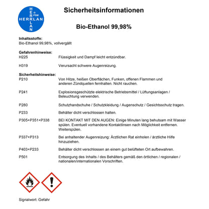Bio-éthanol, 99,98 % d'alcool, pur, sans eau I 1000 ml I Qualité HERRLAN I Fabriqué en Allemagne