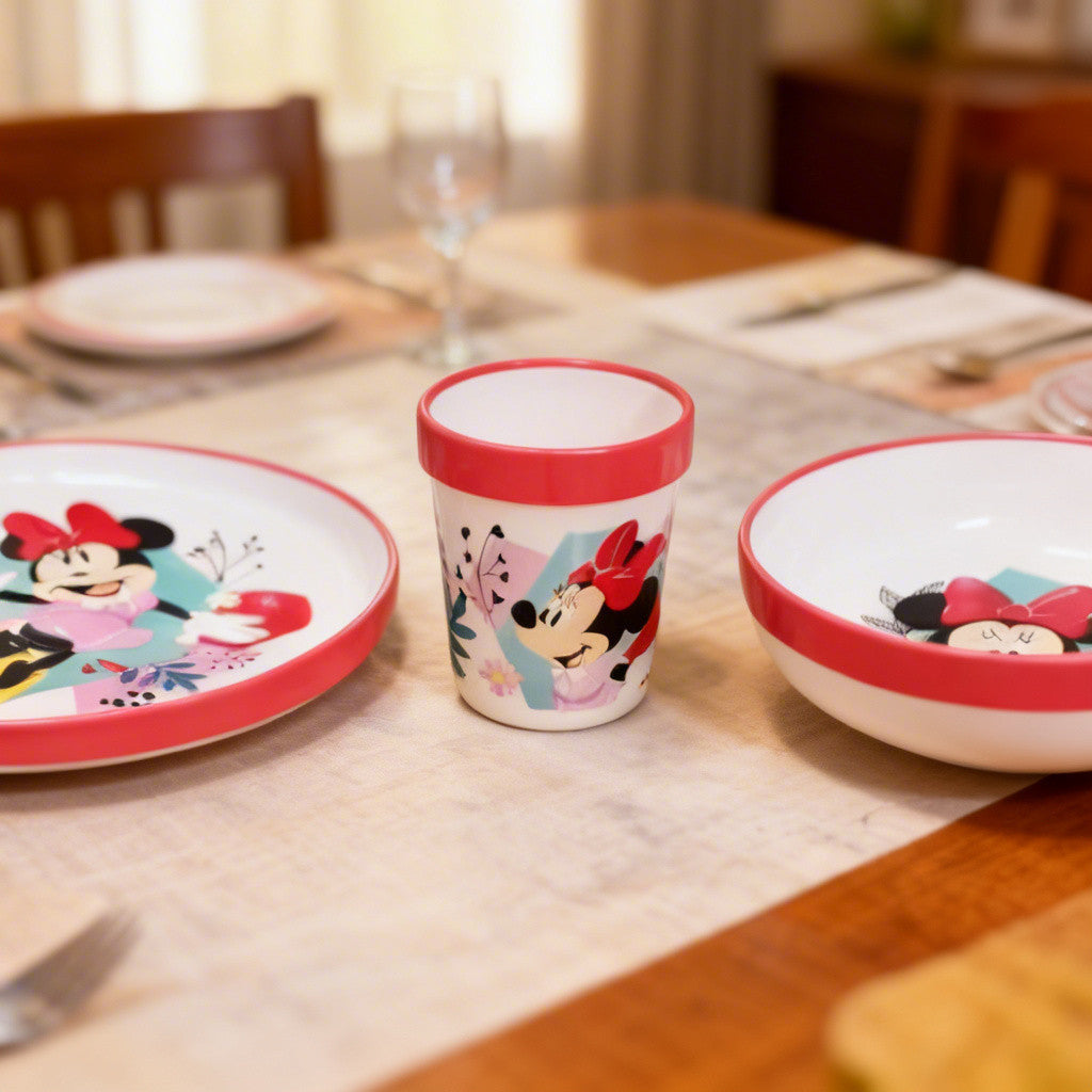 Ensemble de vaisselle réutilisable pour enfants, bicolore – Ensemble de 3 pièces : assiette, bol et tasse pour enfants et bébés avec base antidérapante – (Pour MINNIE MOUSE)