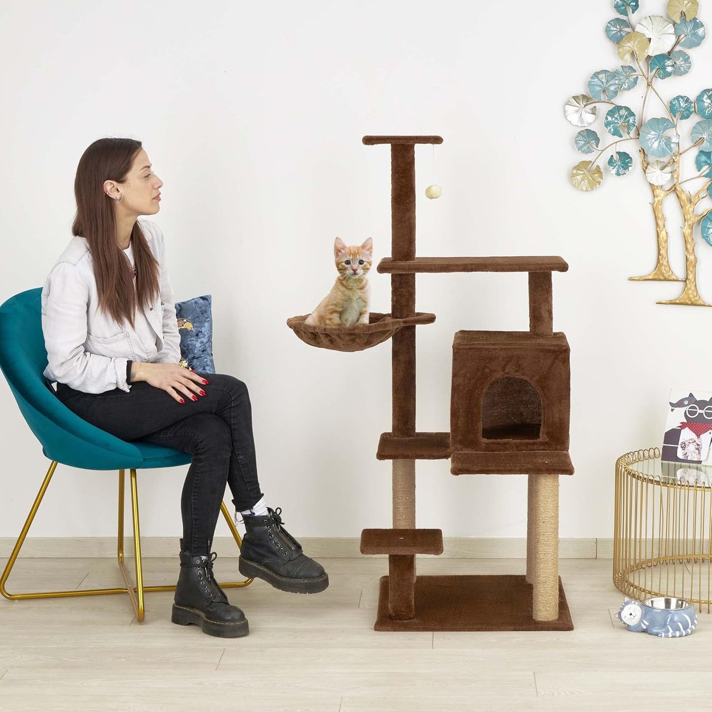 Baroni arbre à gratter pour chat en couleur marron | crème | gris 75X22X49 pouces (ou 75X55X49 pouces), arbre à gratter pour chaton, 4 niveaux avec hamac à balle et lit rectangulaire, jouet interactif pour chats et chatons pour une utilisation en intérieu