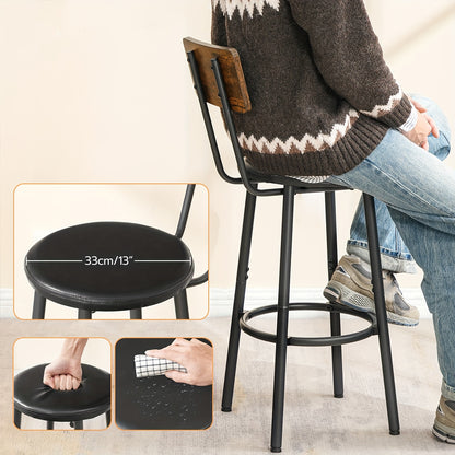 Ensemble de 2 tabourets de bar avec dossier, chaises de bar avec revêtement en cuir PU, chaises de cuisine avec repose-pieds, pour cuisine, salon, bar, montage facile, marron vintage et noir