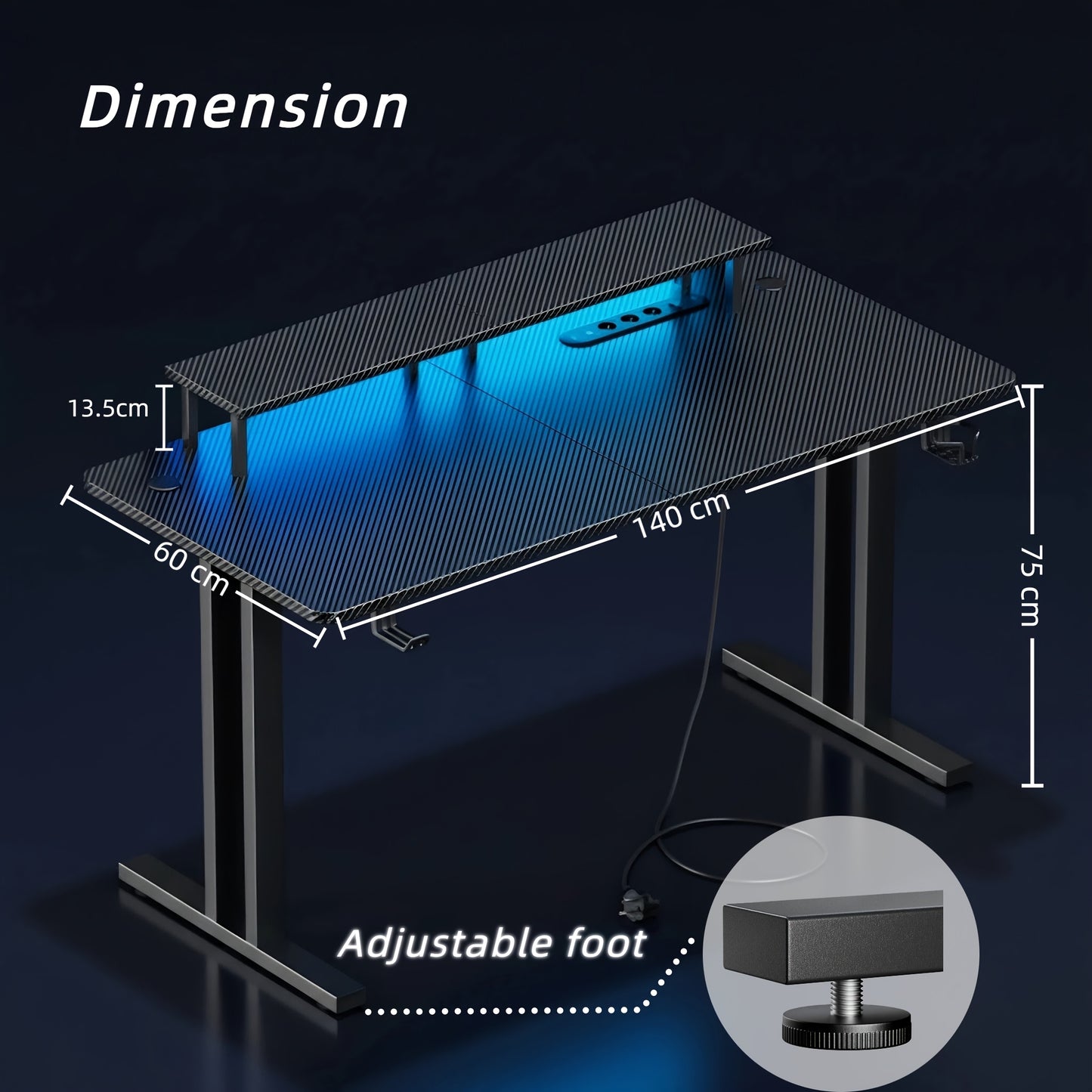 Bureau de Jeu RGB LED avec Prises Électriques et Support pour Moniteur, Poste de Travail Ergonomique pour Ordinateur, Grand Plateau en Fibre de Carbone pour Bureau à Domicile avec Porte-Gobelet et Crochet pour Casque, Noir