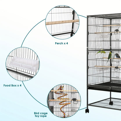 Grande cage à oiseaux, cage à oiseaux en métal, cage à oiseaux avec 4 roues, cage pour perruches avec bol de nourriture, jouet pour cage, balançoire à sauter pour oiseaux avec 2 portes et 4 barres en bois, 132 x 78 x 52 cm