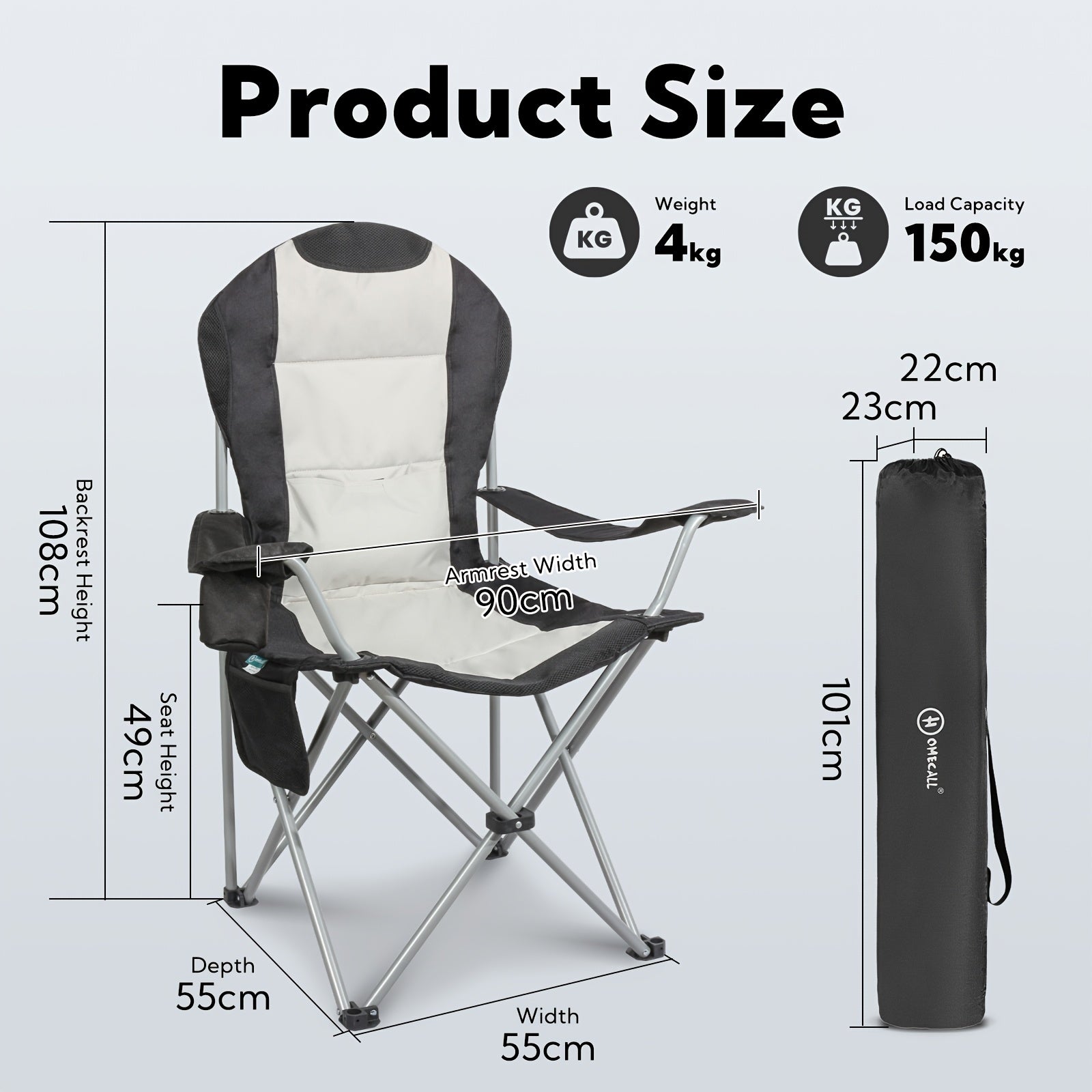 Homecall Chaise de Camping Pliable Capacité de Charge 150 Kg Chaise de Camping Haut-Dos 108 Cm avec Support Lombaire Rembourrée Chaise Pliante Chaise de Camping Chaise de Pêche Pliable pour Pique-Nique de Jardin