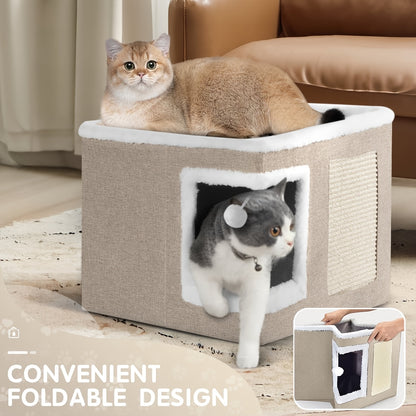 Maison pour chat avec lits à 2 niveaux, tunnel de jeu, canapé pliable, griffoir et balle suspendue en peluche - Cadre en nylon durable, toile douce, conception fermée toutes saisons, cube de lit pour chat d'intérieur facile à assembler, unité de divertiss