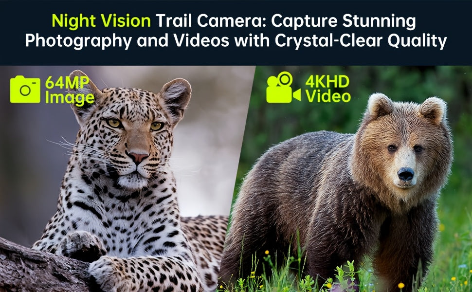 Caméra de Trail WiFi Solaire - Caméra de Chasse Rechargeable avec Batterie Intégrée 5000mAh - Vision Nocturne 4K 64MP pour Surveillance Faune, Inclut Carte Mémoire 64GB