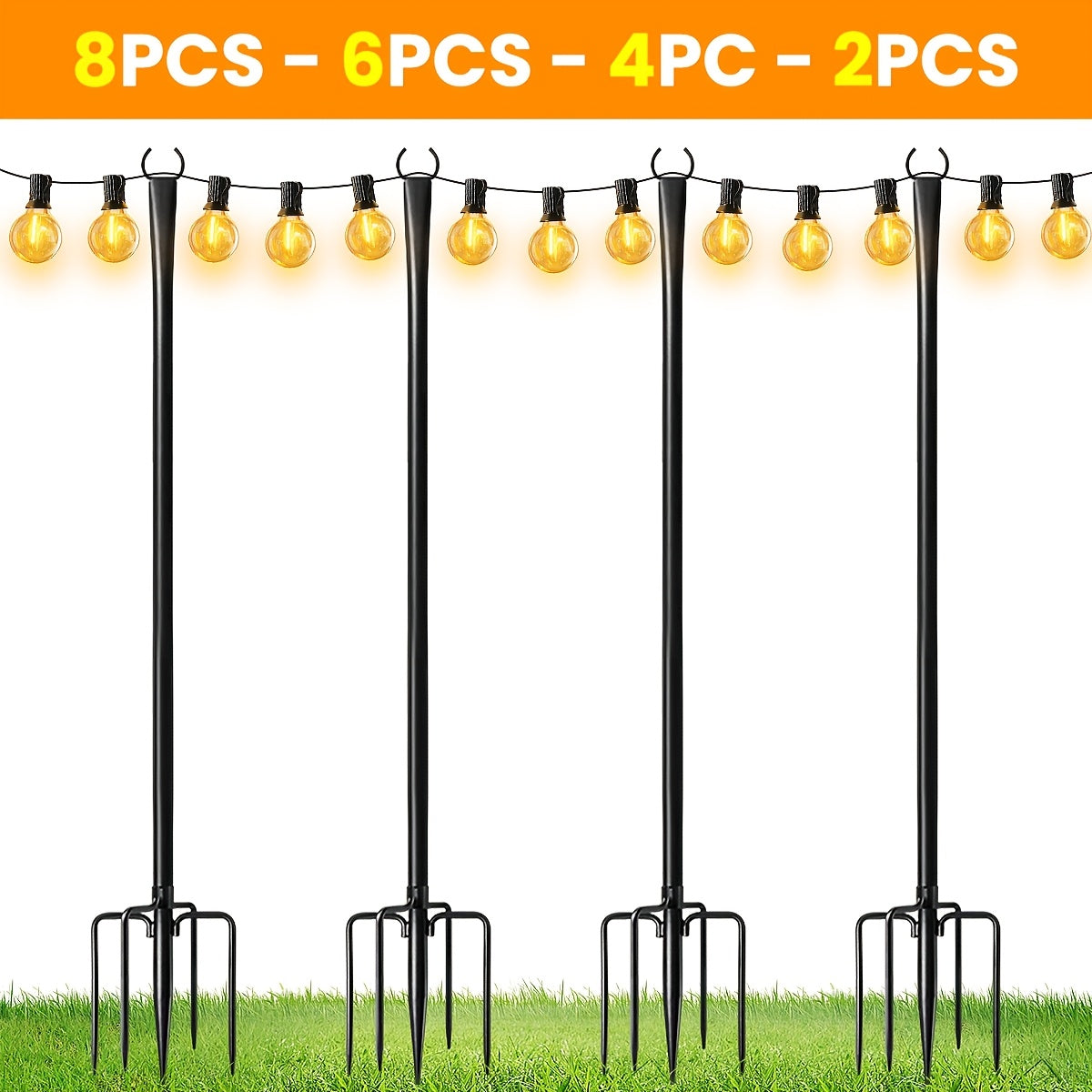 8pcs/6pcs/4pcs/2pcs Tiges de Suspension, Piquets de Jardin en Fer avec Base Fourche pour Guirlandes Lumineuses d'Extérieur - Accessoire d'Éclairage Polyvalent Non Chargé avec Extrémité Mate, Idéal pour Jardin, Patio, Mariage, Cour Arrière, Terrasse et Déc