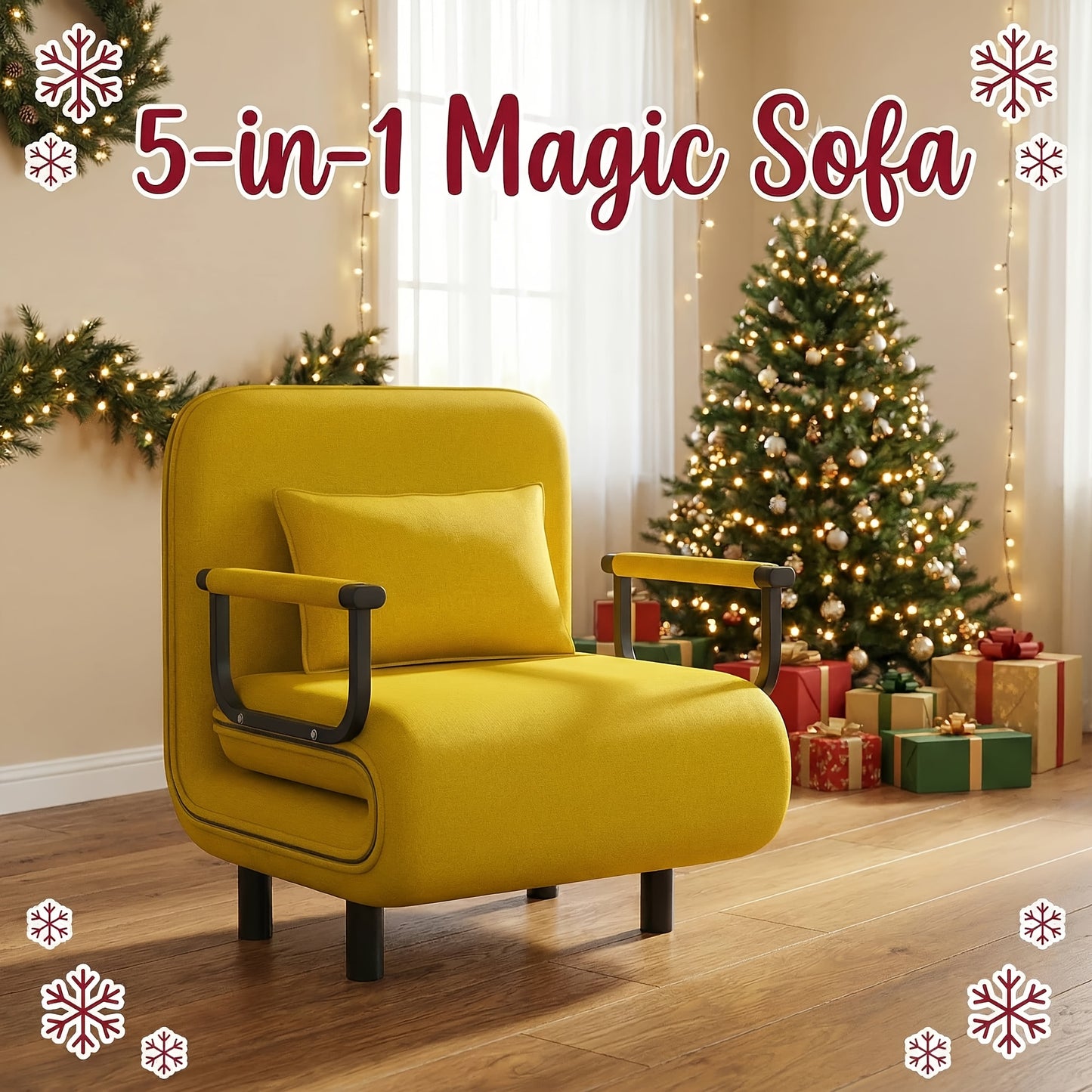 Canapé-lit convertible pliant 5-en-1, fauteuil de détente gigogne réglable peu encombrant avec tissu en lin, fauteuil moderne pour dortoir, studio et coin douillet, noir/fauve/vert olive/jaune citron