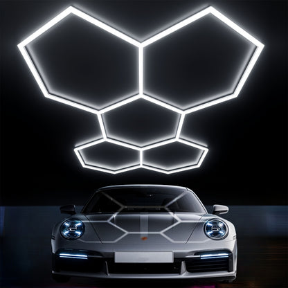 Lumière LED Hexagonale Nid d'Abeille, Cadre en Métal Doré Poli, Montage Semi-Encastré à 5 Trous, Souterrain pour Éclairage de Garage, Lumière Blanche Froid 6500K, 192W, Facile à Installer, Convient aux Garages, Ateliers, Lampes de Porte (Blanc), Lampes LE
