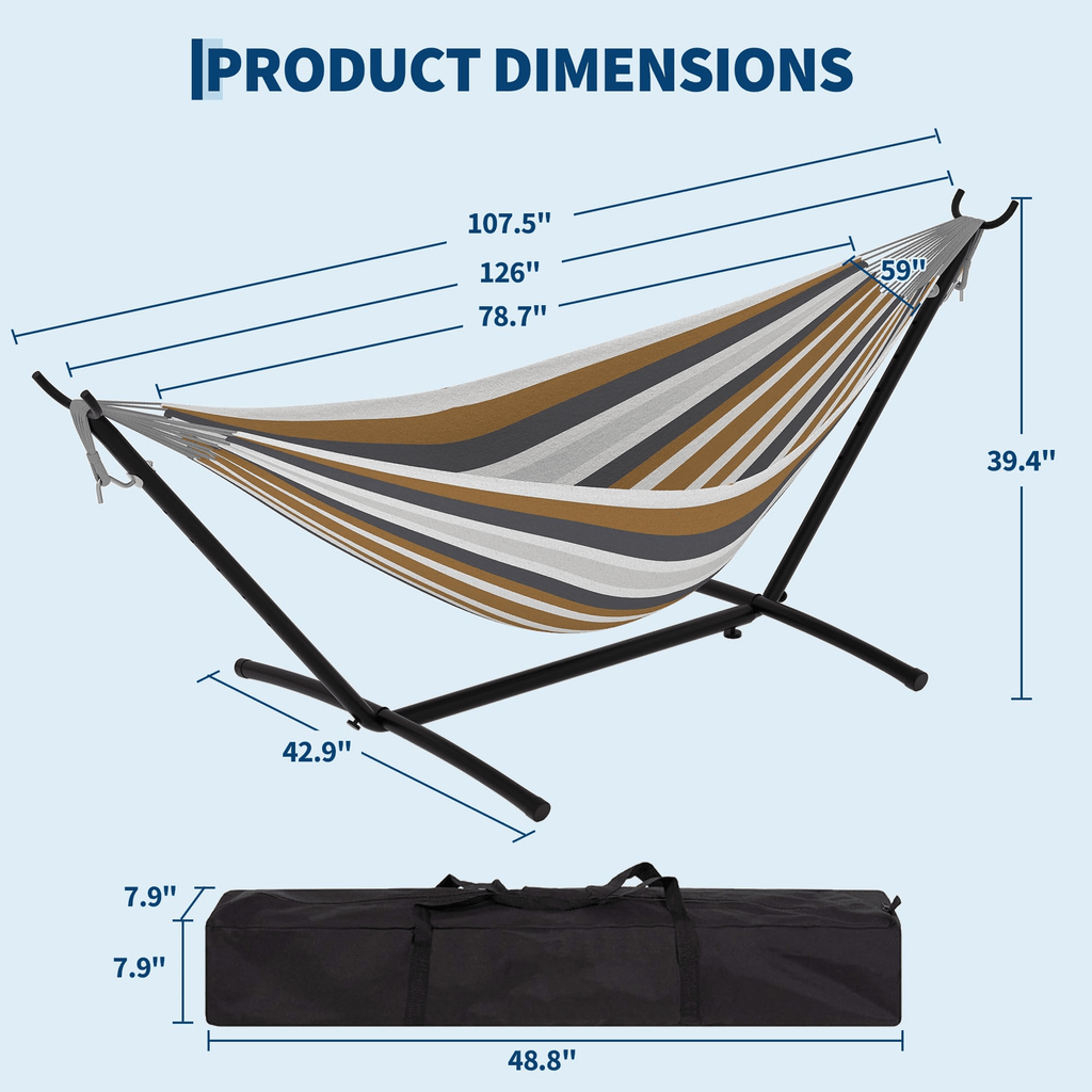 1 pièce Hamac avec cadre en fer robuste, tissu polyester à rayures bleu-vert, transat d'extérieur confortable pour la détente sur le patio, la cour et le balcon