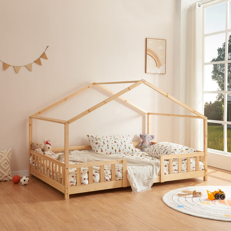 Lit pour enfants Treviolo de style maison avec protection contre les chutes en bois de pin