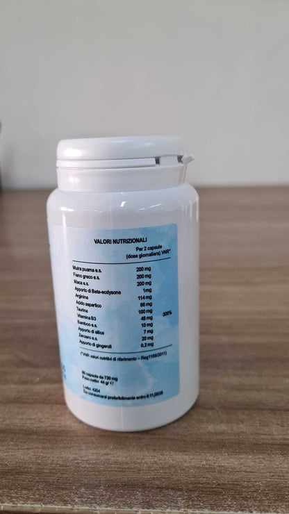 Compléments alimentaires pour hommes avec Maca péruvienne, Ginseng, Muira Puama, Argine, Taurine, Gingembre et Fenugrec – Formule en gélules – Fabriqué en Italie, 60 gélules