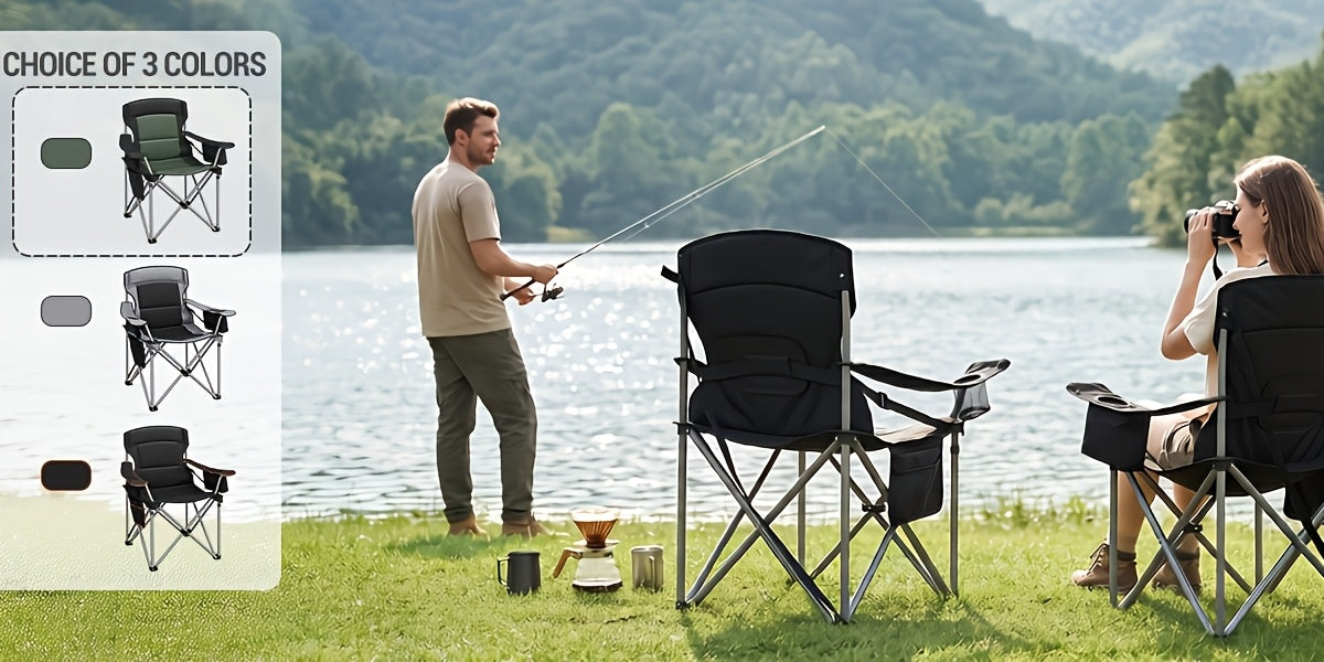 Chaise de camping, capacité 220 kg, chaise de camping pliante avec sac isotherme, porte-gobelet, sac de transport, dossier haut, confortablement rembourrée, chaise de pêche, chaise pliante pour jardin, balcon, plage, noir et vert/noir et gris/noir et oran