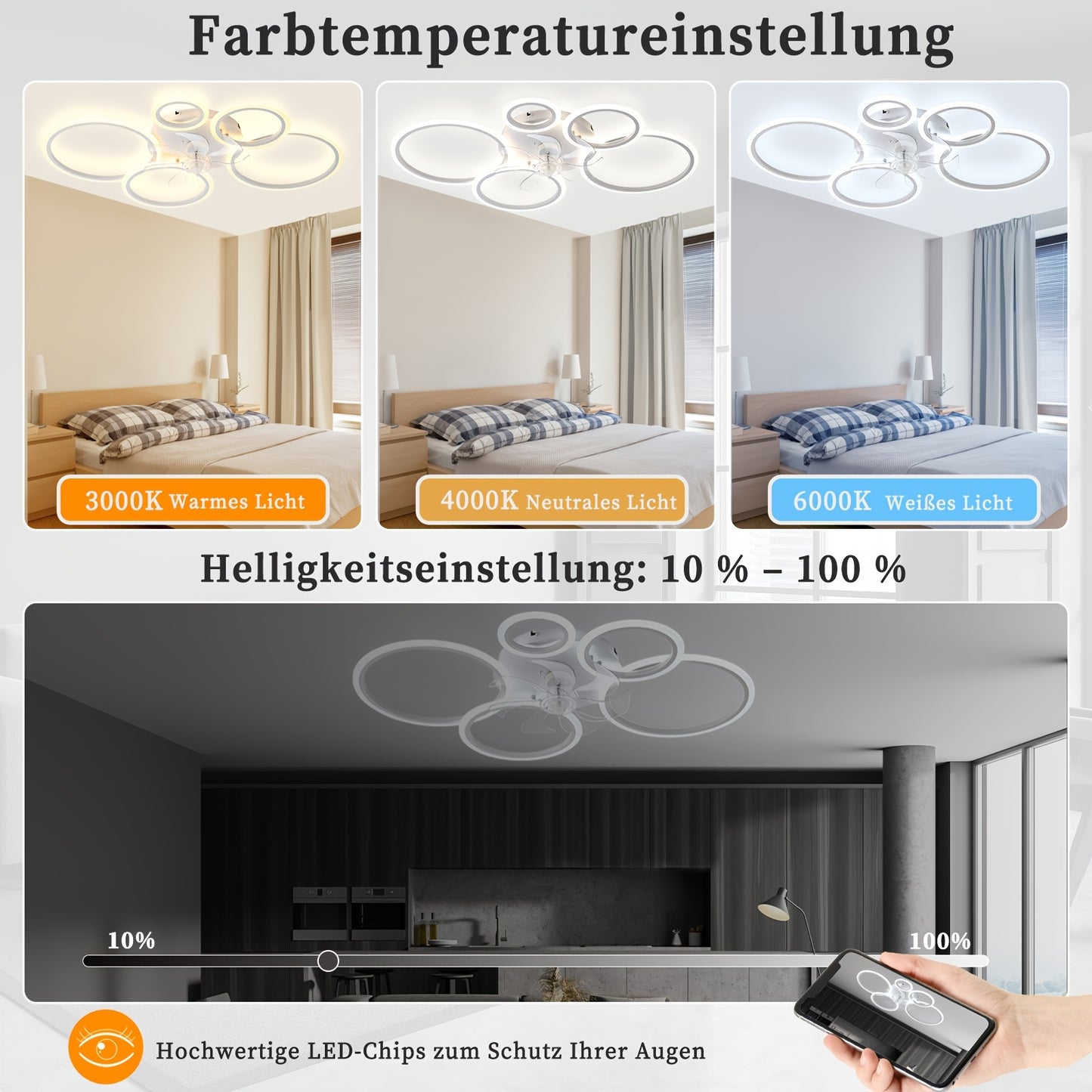 Lampe avec ventilateur moderne LED dimmable, plafonnier avec éclairage silencieux réversible pour salon, télécommande et application, 6 vitesses, minuterie, DC-blanc