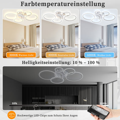 Lampe avec ventilateur moderne LED dimmable, plafonnier avec éclairage silencieux réversible pour salon, télécommande et application, 6 vitesses, minuterie, DC-blanc