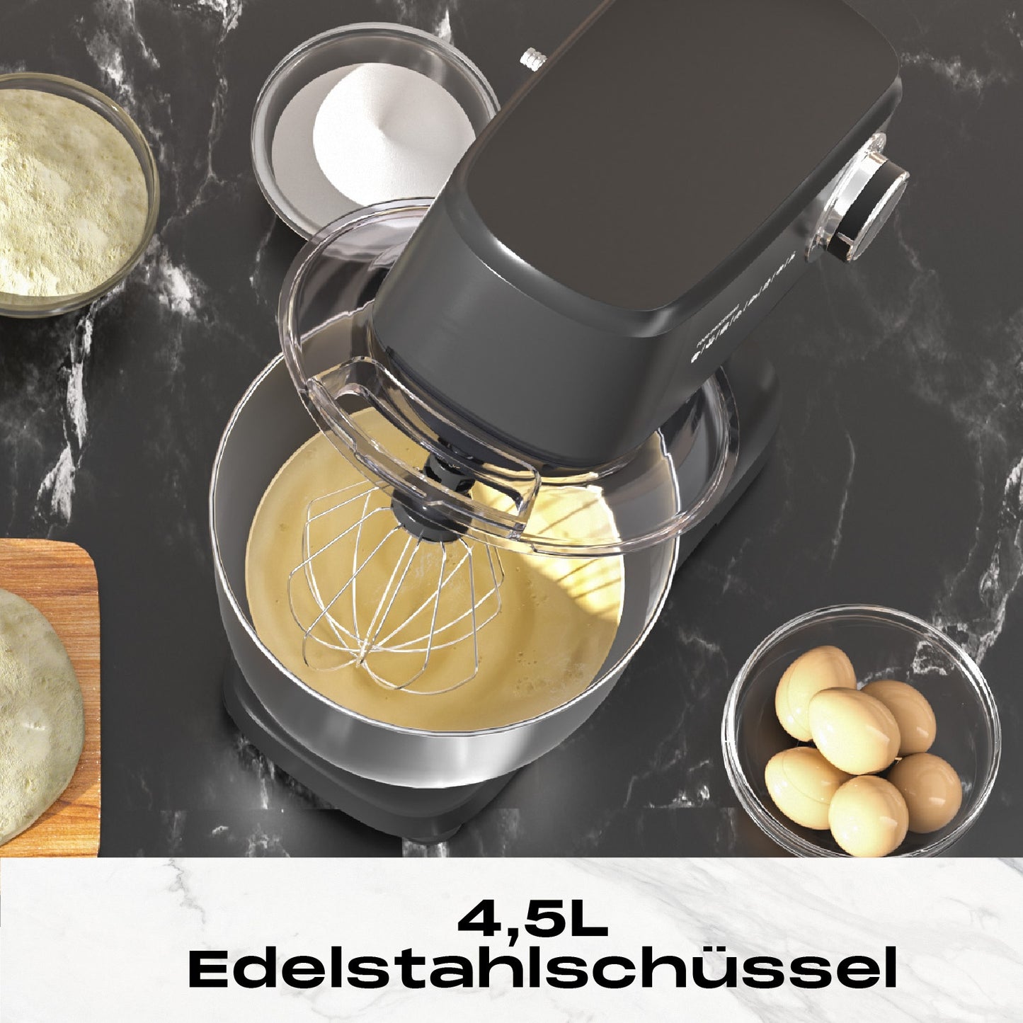 SUPERLEX Batteur de Cuisine 3-en-1 800W | Robot Culinaire 4.5L avec Fouet et Crochet à Pâte | Appareil de Pétrissage de Cuisine Polyvalent