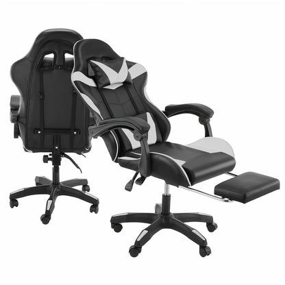 Fauteuil de gaming ergonomique avec repose-pieds - Fauteuil inclinable robuste à hauteur réglable, pivotant à 360° et avec support lombaire, mécanisme d'inclinaison manuel, options de couleur noir/rouge/blanc, texture imitation, rembourrage en mousse et c