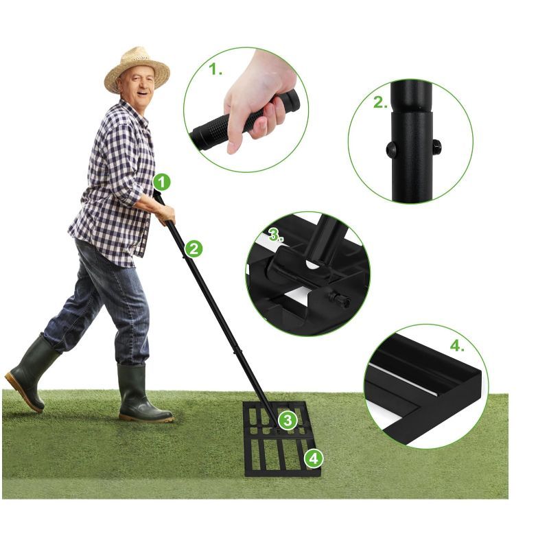 Râteau de pelouse en métal, grattoir de pelouse 25X50/25X75Cm, râteau de nivellement de pelouse avec manche réglable, nivelleur de surface pour golf, jardin, herbe, surface, noir
