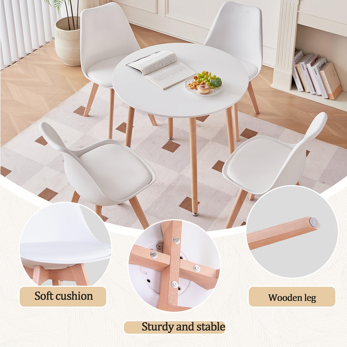 Ensemble de 6 chaises de salle à manger modernes du milieu du siècle, chaises de cuisine, chaises de bureau, chaise coquillage de designer avec coussins ergonomiques en similicuir et pieds en bois massif pour cuisine, salon, chambre à coucher, blanc